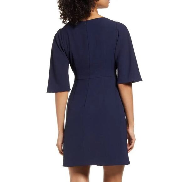 Vince Camuto Washer Dress Short Flutter Sleeve Jewel Neck Tie Waist Mini Navy 4 - Picture 3 of 9
